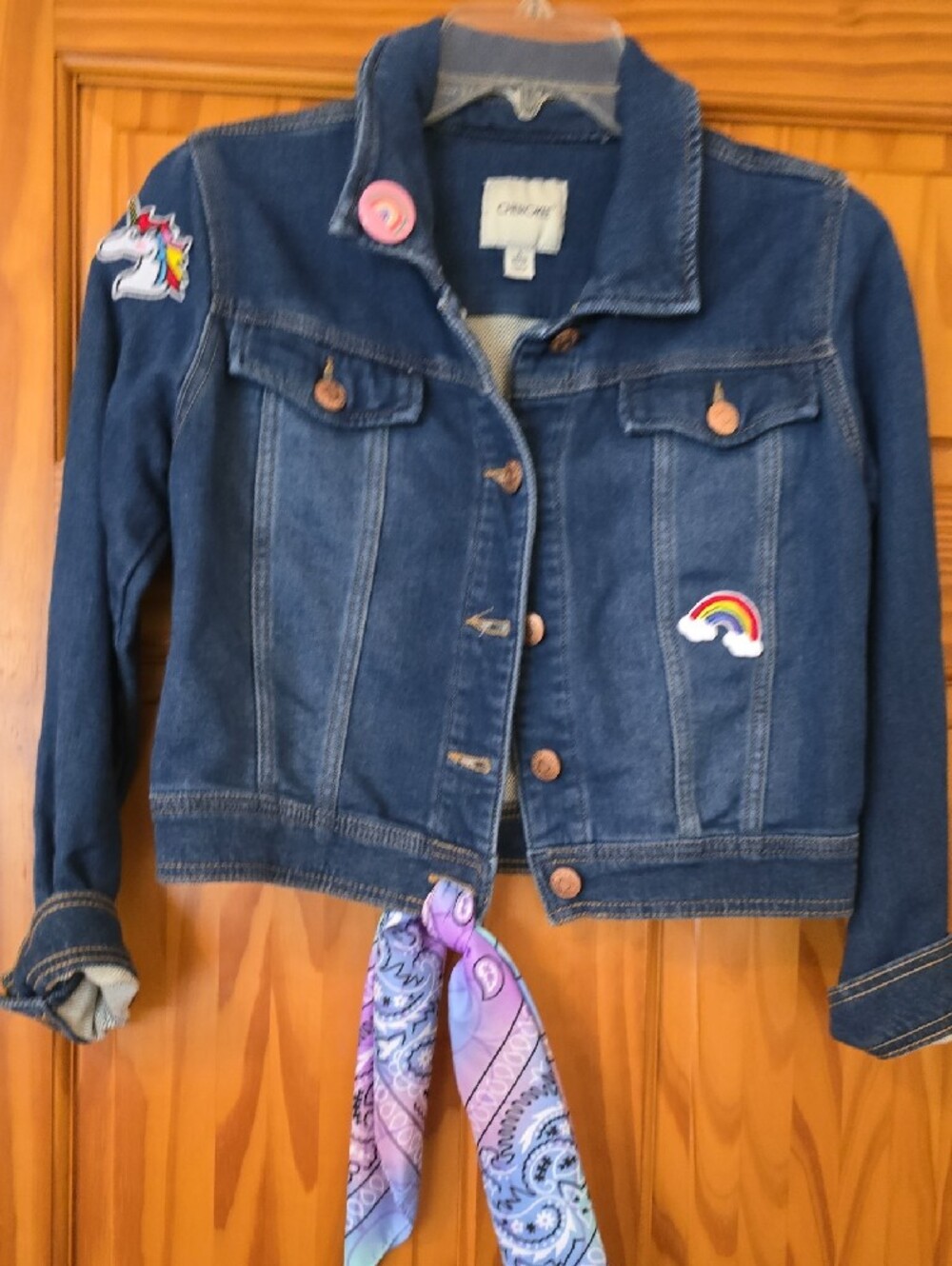 Girls' Reimigianed Size 10/12Denim Jacket with Colorful Unicorn & Mermaid Slogan